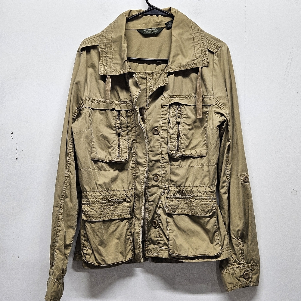 Eddie Bauer Safari Khaki Utility Cargo Jacket Pockets Medium Cinch Waist Boho